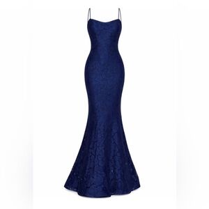 NEW La Femme Navy Blue Lace Mermaid Formal Dress Gown